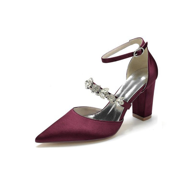 Satin Pointed Toe Rhinestone Strappy Chunky Heels