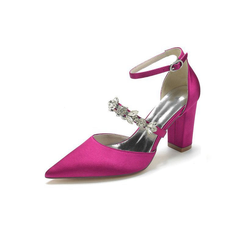 Satin Pointed Toe Rhinestone Strappy Chunky Heels