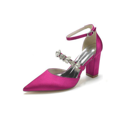 Satin Pointed Toe Rhinestone Strappy Chunky Heels