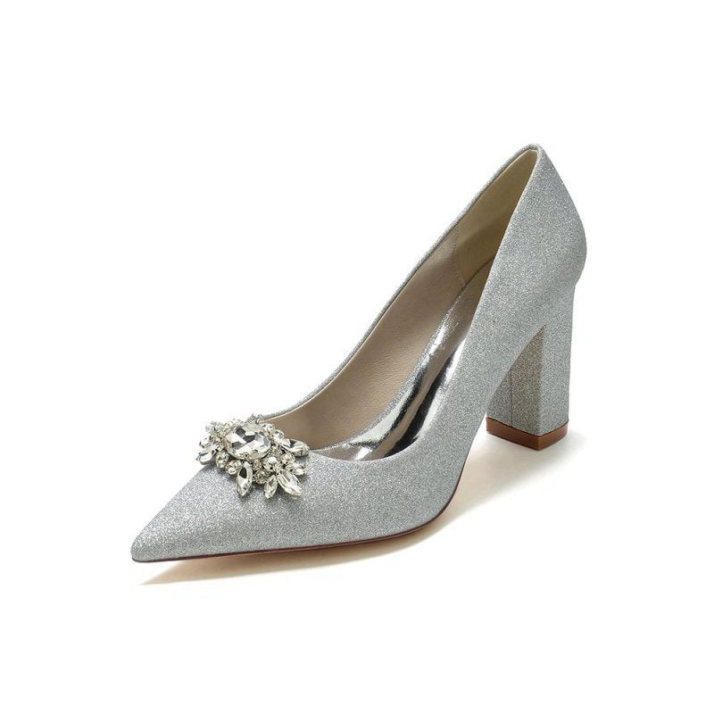 Glitter Pointed Toe Chunky Heels With Rhinestone