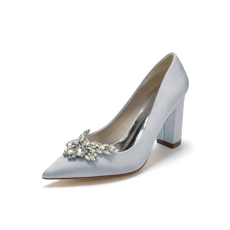 Satin Pointed Toe Slip-on Chunky Heels With Rhinestone