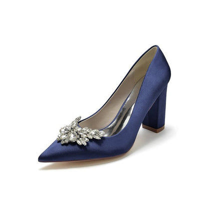 Satin Pointed Toe Slip-on Chunky Heels With Rhinestone
