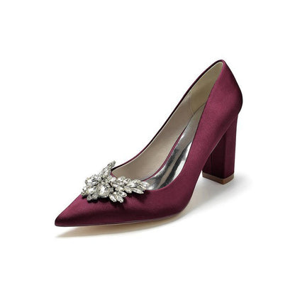 Satin Pointed Toe Slip-on Chunky Heels With Rhinestone