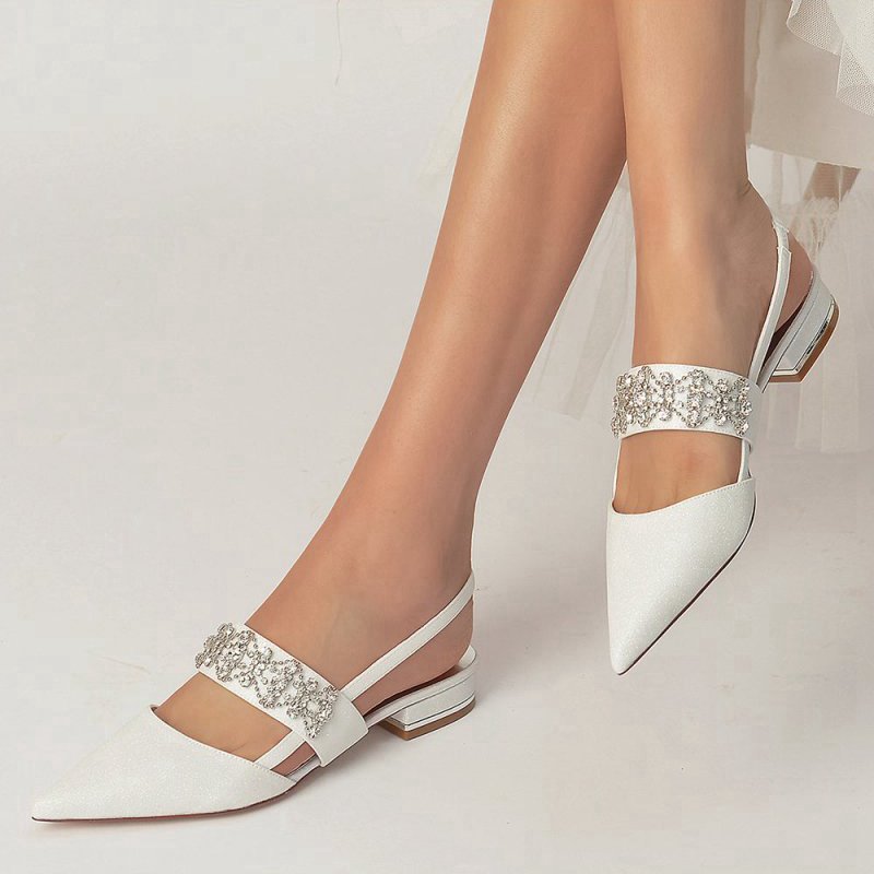 Rhinestone Pointed Toe Strap Buckle Glitter Low Heels
