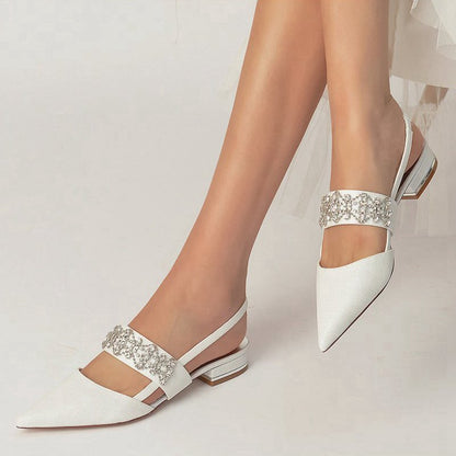 Rhinestone Pointed Toe Strap Buckle Glitter Low Heels