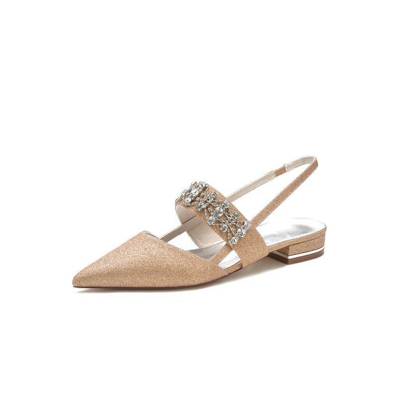 Rhinestone Pointed Toe Strap Buckle Glitter Low Heels
