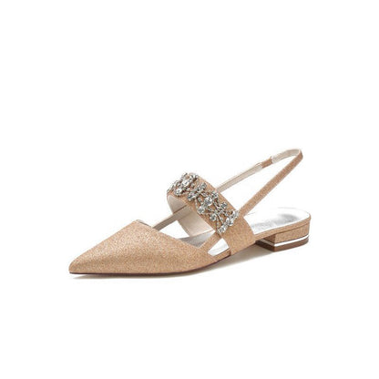 Rhinestone Pointed Toe Strap Buckle Glitter Low Heels