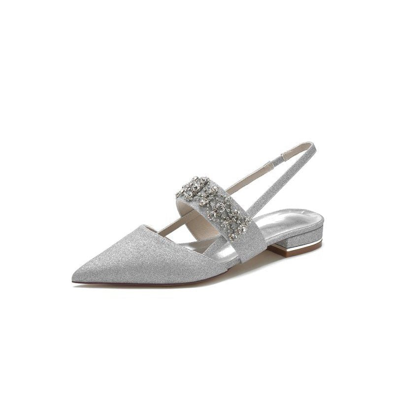 Rhinestone Pointed Toe Strap Buckle Glitter Low Heels