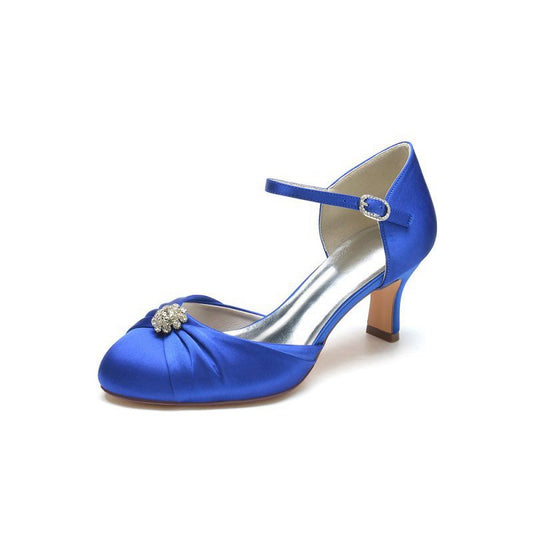 Satin Pointed Toe Strap Buckle Stiletto Heels With Rhinestone
