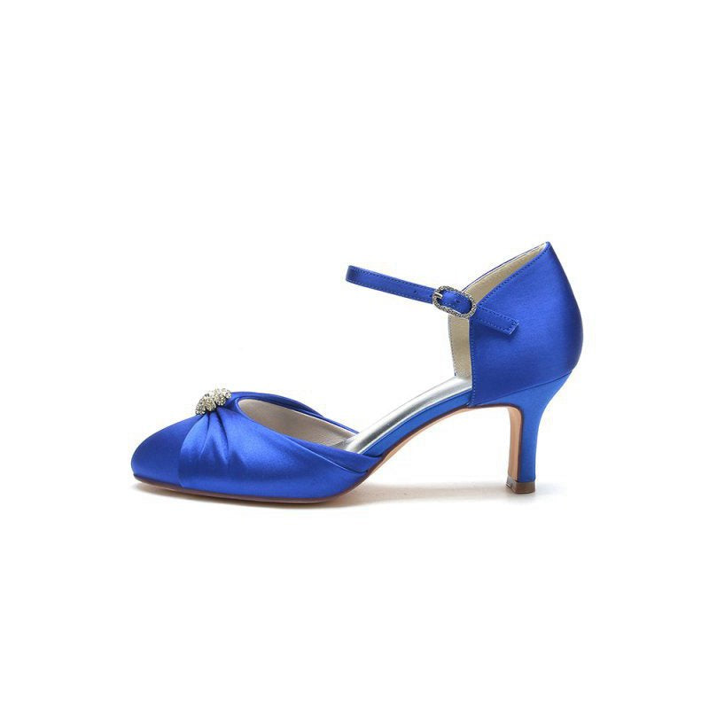Satin Pointed Toe Strap Buckle Stiletto Heels With Rhinestone