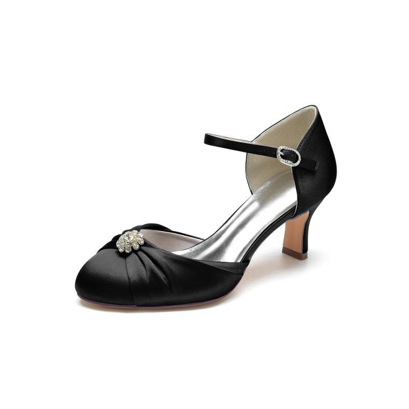 Satin Pointed Toe Strap Buckle Stiletto Heels With Rhinestone