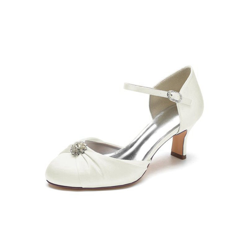 Satin Pointed Toe Strap Buckle Stiletto Heels With Rhinestone