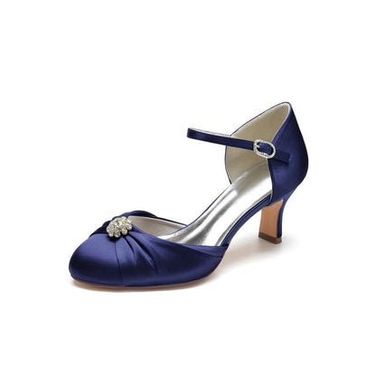 Satin Pointed Toe Strap Buckle Stiletto Heels With Rhinestone