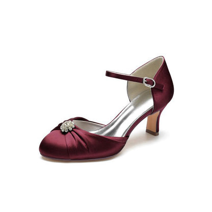 Satin Pointed Toe Strap Buckle Stiletto Heels With Rhinestone
