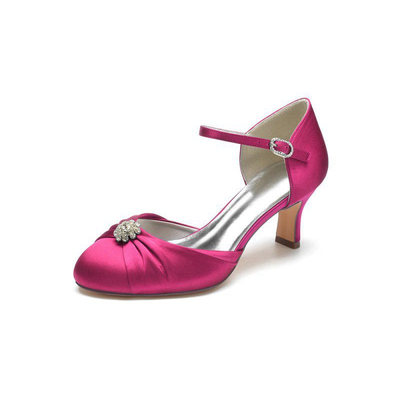 Satin Pointed Toe Strap Buckle Stiletto Heels With Rhinestone