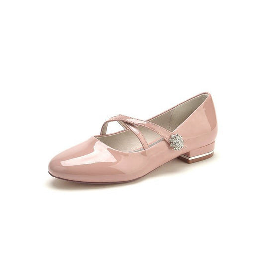 Beaded Pointed Toe Strap Buckle Patent Leather Low Heels