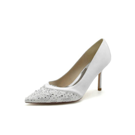 Lace Pointed Toe Beaded Satin Wedding Shoes