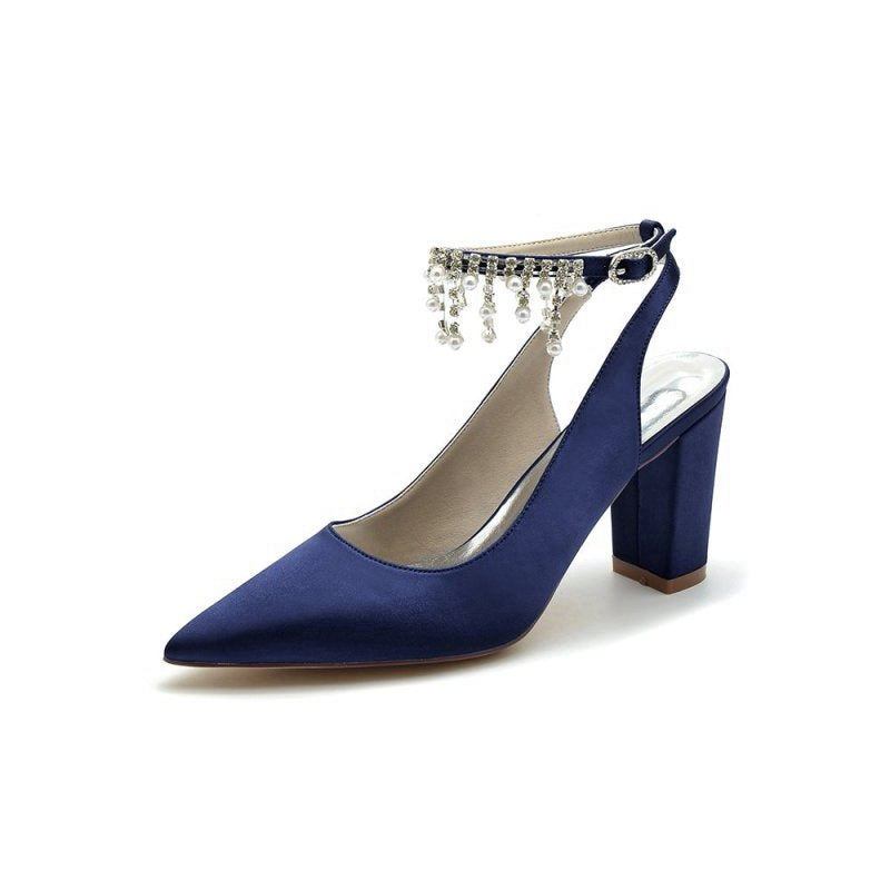 Pointed Toe Satin Chunky Heels With Pearl Tassel