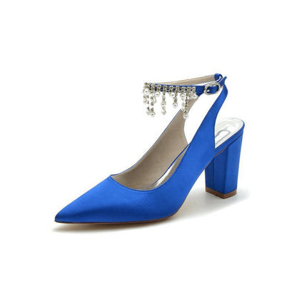 Pointed Toe Satin Chunky Heels With Pearl Tassel