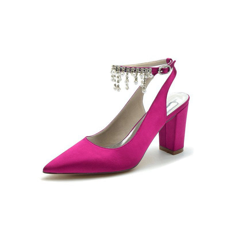 Pointed Toe Satin Chunky Heels With Pearl Tassel