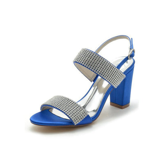 Open Toe Beaded Buckle Satin Chunky Heels
