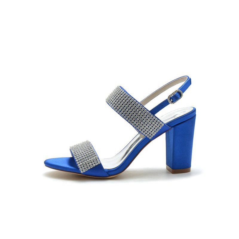 Open Toe Beaded Buckle Satin Chunky Heels