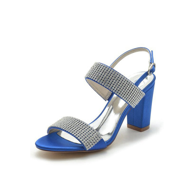 Open Toe Beaded Buckle Satin Chunky Heels