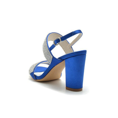 Open Toe Beaded Buckle Satin Chunky Heels