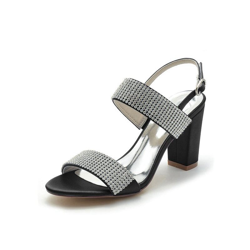 Open Toe Beaded Buckle Satin Chunky Heels