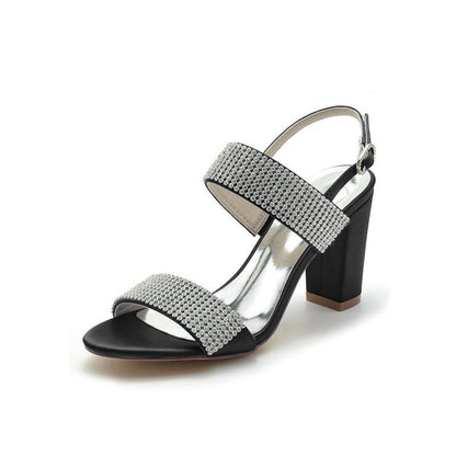 Open Toe Beaded Buckle Satin Chunky Heels