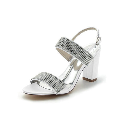 Open Toe Beaded Buckle Satin Chunky Heels