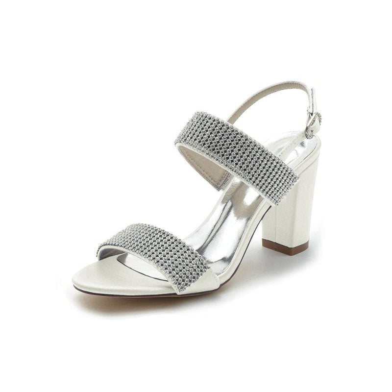 Open Toe Beaded Buckle Satin Chunky Heels