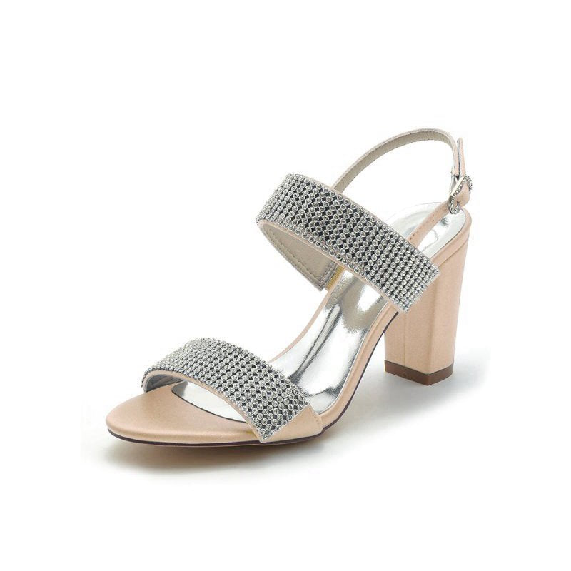 Open Toe Beaded Buckle Satin Chunky Heels