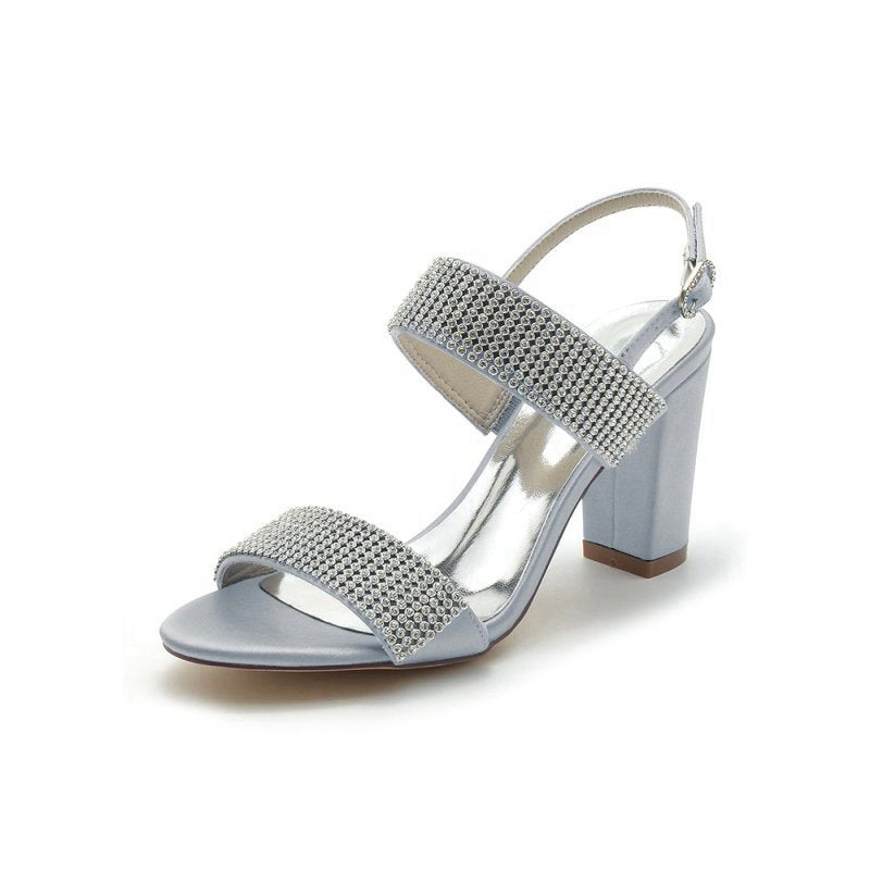 Open Toe Beaded Buckle Satin Chunky Heels