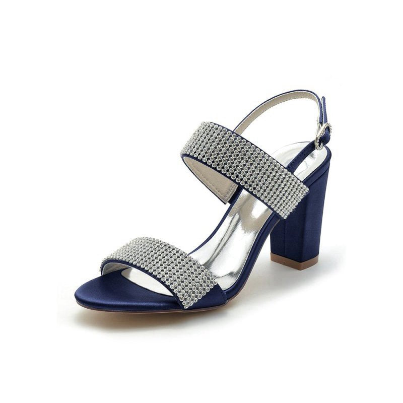 Open Toe Beaded Buckle Satin Chunky Heels