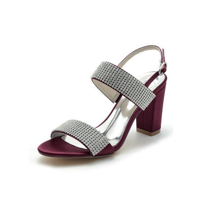Open Toe Beaded Buckle Satin Chunky Heels