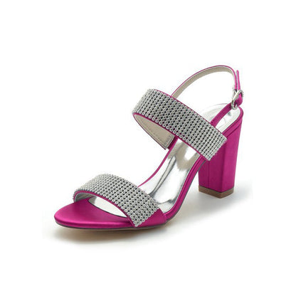 Open Toe Beaded Buckle Satin Chunky Heels