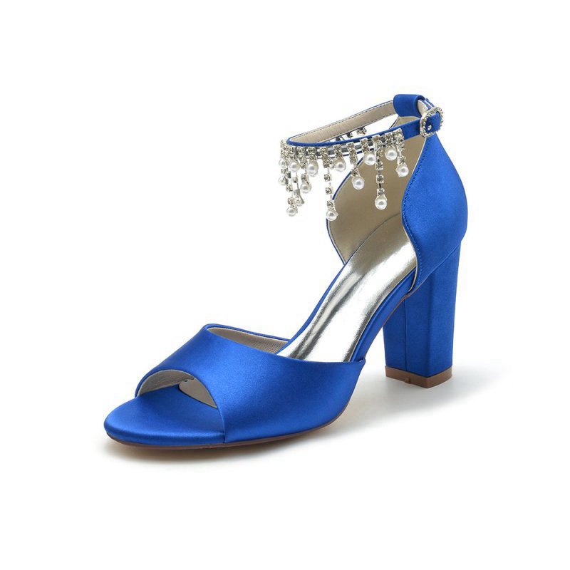Open Toe Pearl Tassel Satin Chunky Heels