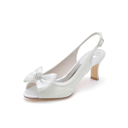 Open Toe Beaded Lace Wedding Shoes With Bow
