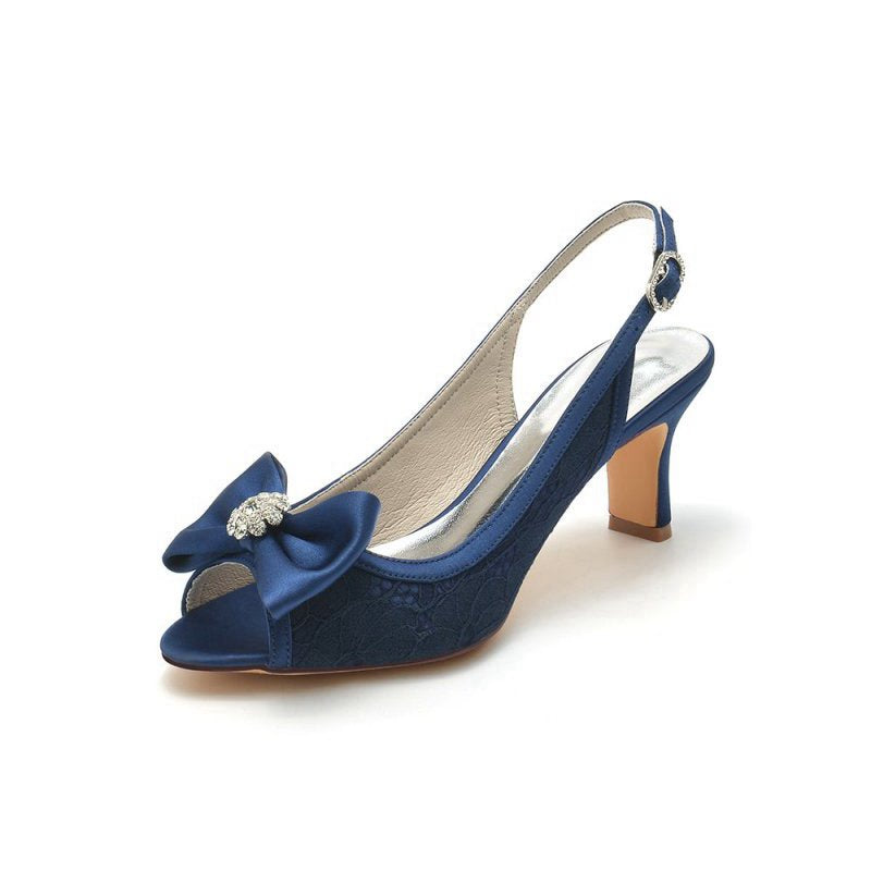 Open Toe Beaded Lace Wedding Shoes With Bow