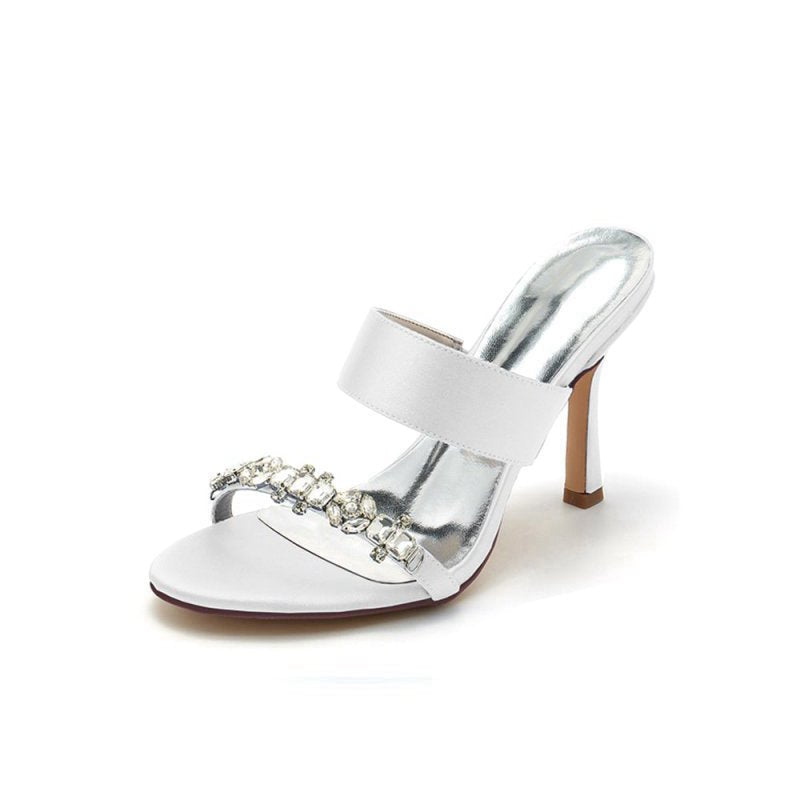 Open Toe Satin Strap Slip On High Heels With Rhinestone