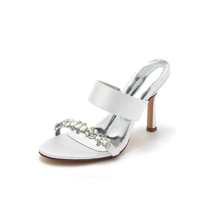 Open Toe Satin Strap Slip On High Heels With Rhinestone