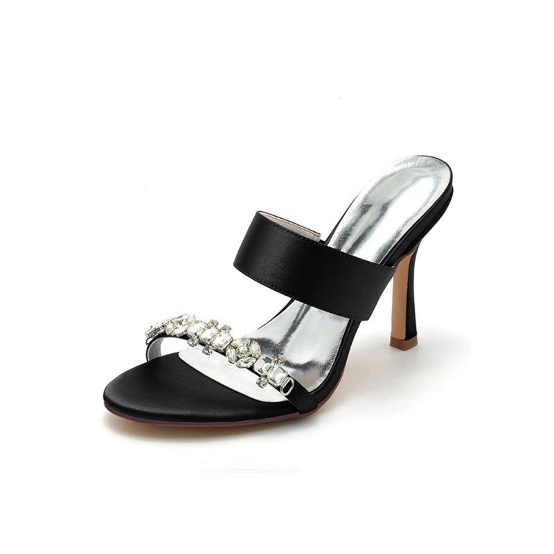 Open Toe Satin Strap Slip On High Heels With Rhinestone