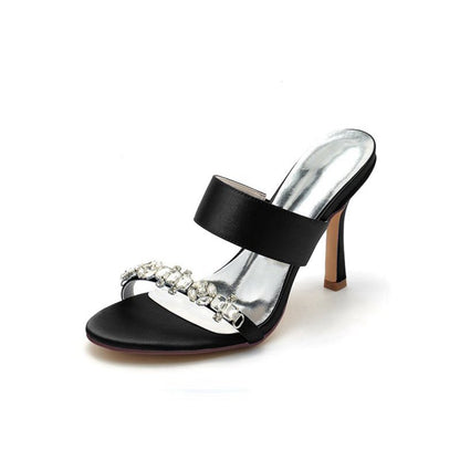 Open Toe Satin Strap Slip On High Heels With Rhinestone