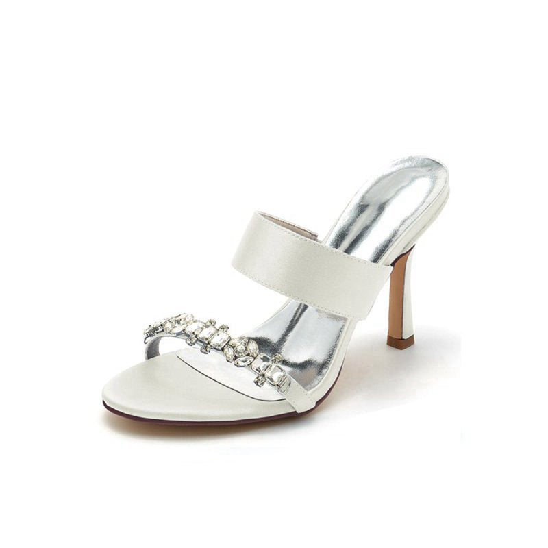 Open Toe Satin Strap Slip On High Heels With Rhinestone