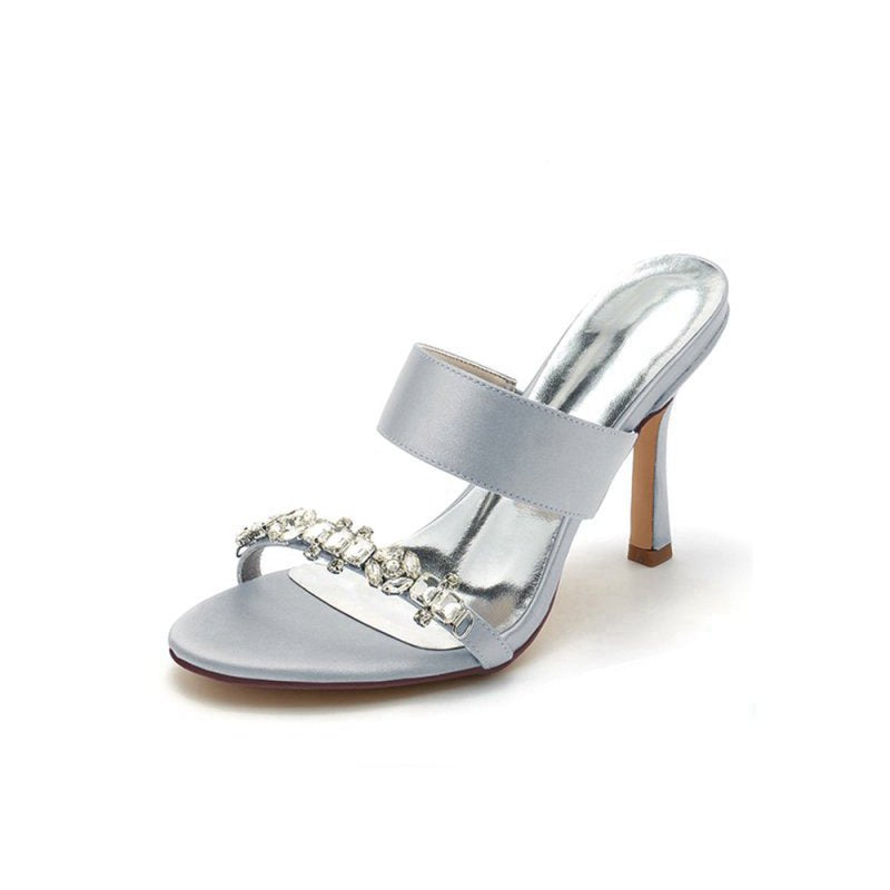 Open Toe Satin Strap Slip On High Heels With Rhinestone
