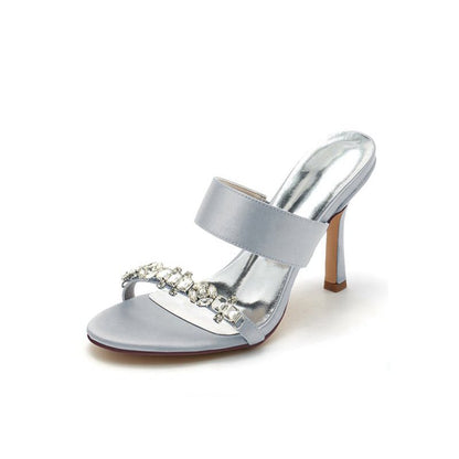 Open Toe Satin Strap Slip On High Heels With Rhinestone