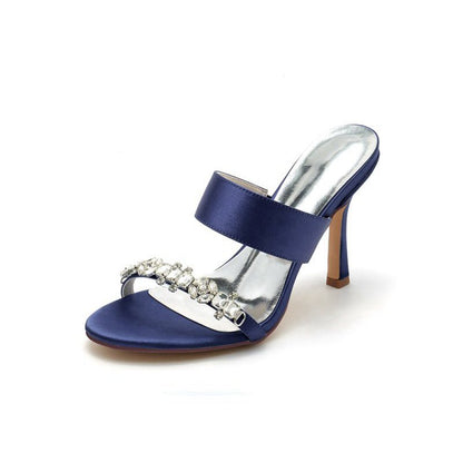 Open Toe Satin Strap Slip On High Heels With Rhinestone