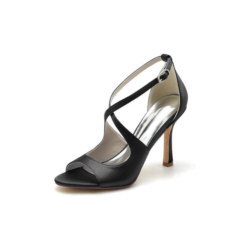 Open Toe Cross Strap Satin Stiletto Heels