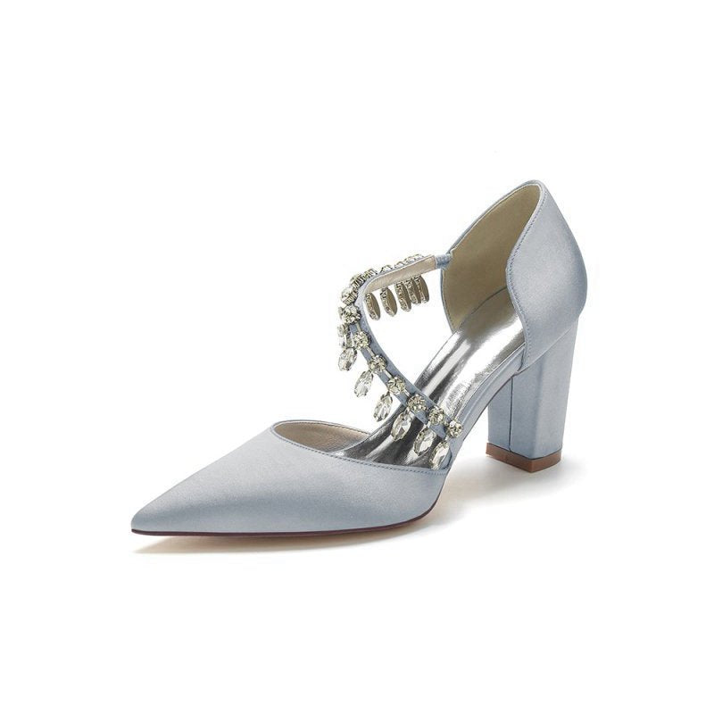 Pointed Toe Rhinestone Tassel Strappy Chunky Heels